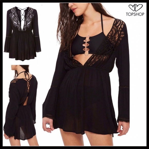 TOPSHOP BLACK BOHO TUNIC COVERUP MINI DRESS A3C - Picture 3 of 8